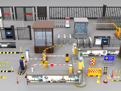 Public Facilities Including Security Gates Booth Barriers Payment Machines Traffic Cones And Signs 3d model
