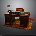 Vintage Wooden Desk Setup With Table Lamp Telephones Red Cushion Chair And Rug