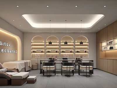 Elegant Modern Beauty Salon Interior With Arched Product Shelves And Styling Chairs 3d model