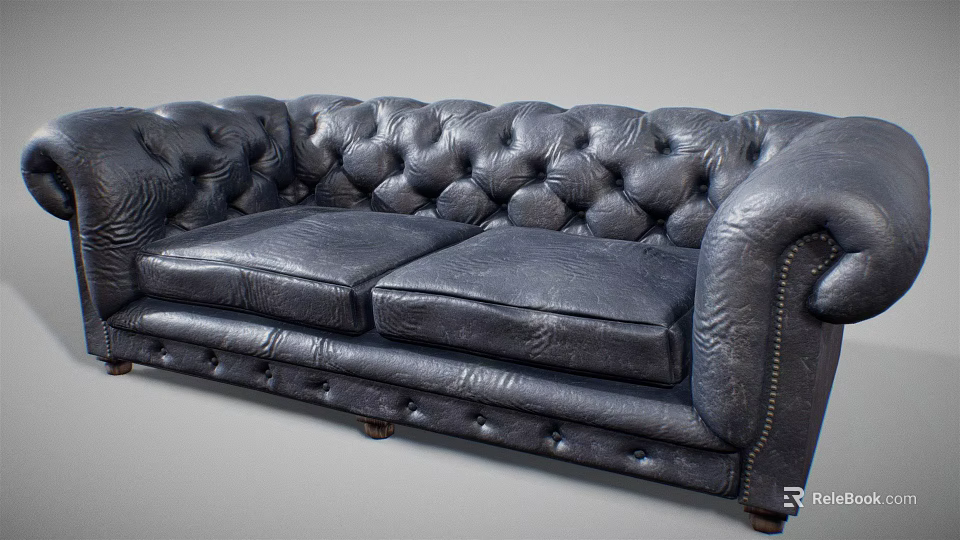 Classic Black Leather Two Seater Sofa With Tufted Design Rolled Arms And Brass Nailheads 3d model 