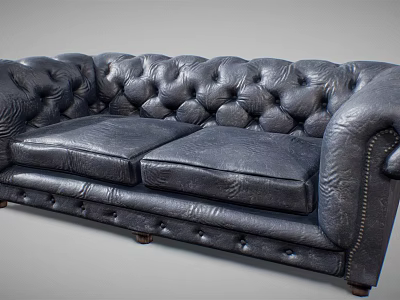 Classic Black Leather Two Seater Sofa With Tufted Design Rolled Arms And Brass Nailheads 3d model