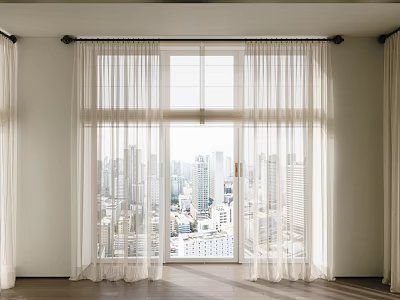 White Sheer Curtains For Modern Interior With City View And Sunlight 3d model