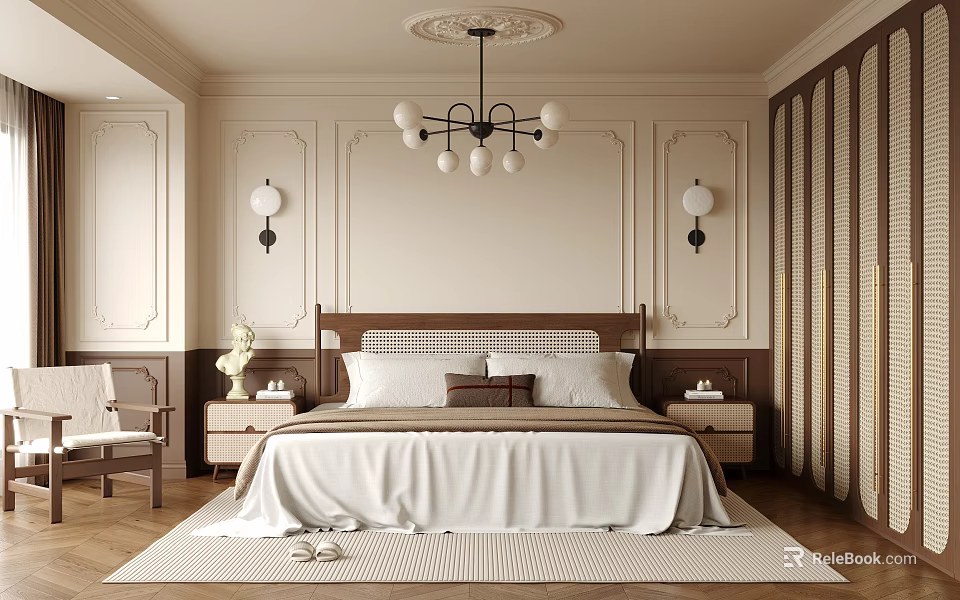 Elegant Classic Bedroom Interior With Wooden Headboard Chandelier Wall Lamps And Area Rug 3d model 