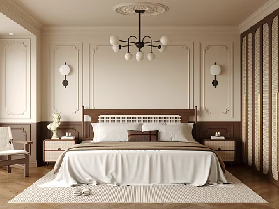 Elegant Classic Bedroom Interior With Wooden Headboard Chandelier Wall Lamps And Area Rug 3d model