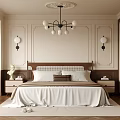 Elegant Classic Bedroom Interior With Wooden Headboard Chandelier Wall Lamps And Area Rug