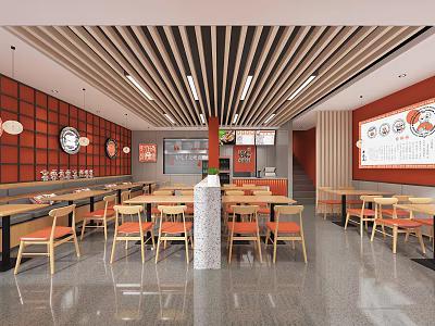 Modern Restaurant with Red Walls Wooden Ceiling Yellow Seats Open Kitchen and Marble Column 3d model