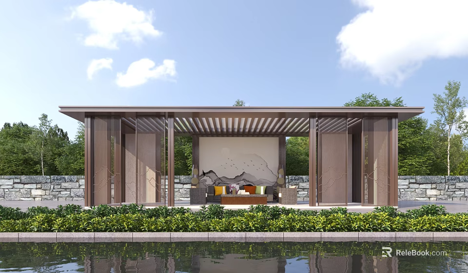 Modern Pergola with Comfortable Seating and Landscape Mural by Water Pond Greenery 3d model 