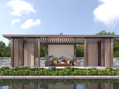 Modern Pergola with Comfortable Seating and Landscape Mural by Water Pond Greenery 3d model