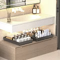 Modern Bathroom Set With Faucet Sink Countertop Storage Trays And Skincare Bottles