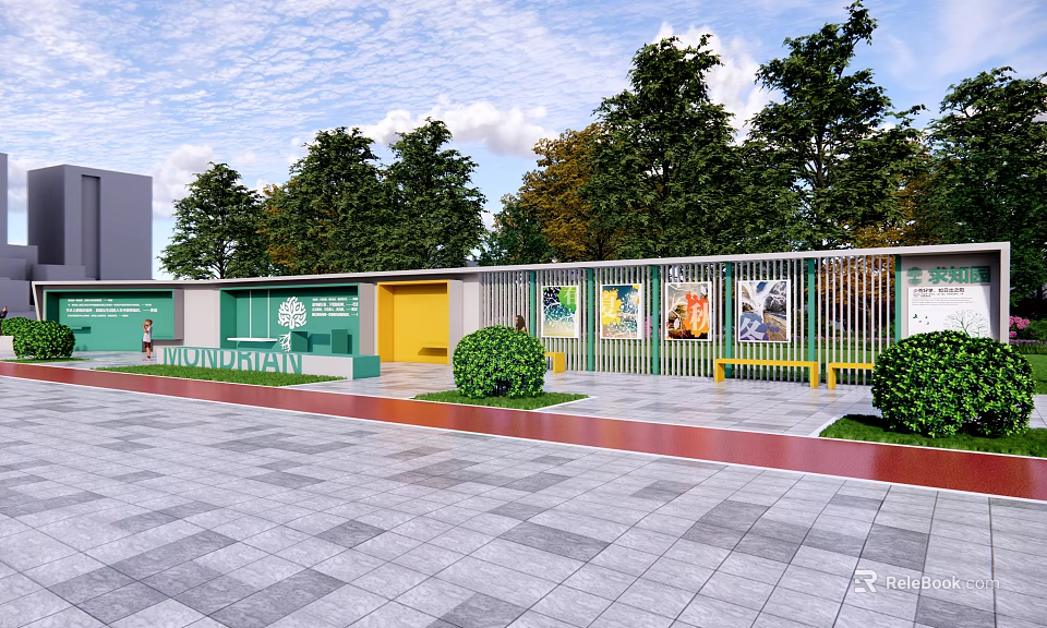 Outdoor Green Pergola Structure With Yellow Door And White Fence Surrounded By Trees 3d model 