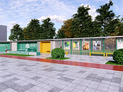 Outdoor Green Pergola Structure With Yellow Door And White Fence Surrounded By Trees 3d model
