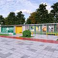 Outdoor Green Pergola Structure With Yellow Door And White Fence Surrounded By Trees