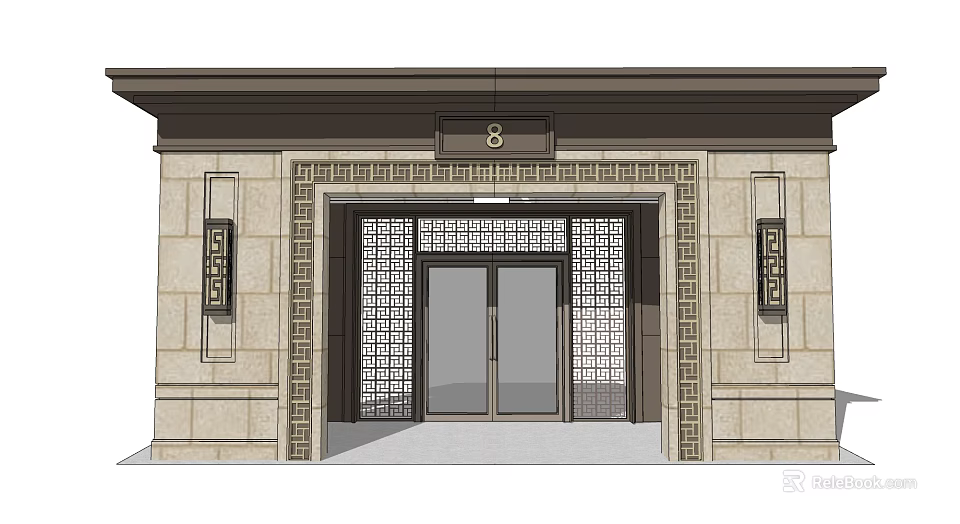 Chinese Style Entrance Gate With Carved Patterns Stone Walls And Number 8 Plaque 3d model 