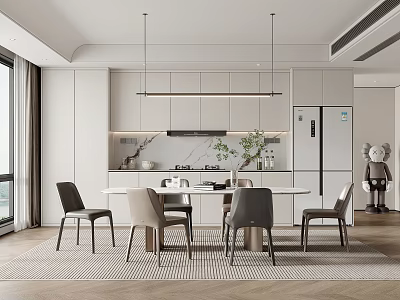Modern Restaurant Interior With Dining Table Chairs Pendant Lights And Minimalist Design 3d model