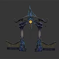 Ornate Fantasy Entrance Gate With Blue Purple Decor Glowing Yellow Orb And Pillars