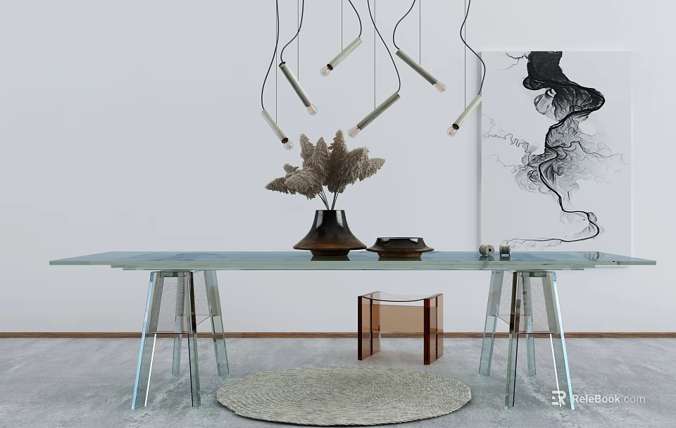 Modern Office Desk With Glass Top Metal Legs Decorative Vase Hanging Lights And Abstract Art 3d model 