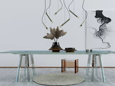Modern Office Desk With Glass Top Metal Legs Decorative Vase Hanging Lights And Abstract Art 3d model