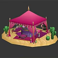 Vibrant Cartoon Scene with Pink Tent Golden Decorations Green Cacti Purple Cushions and Small Bottles