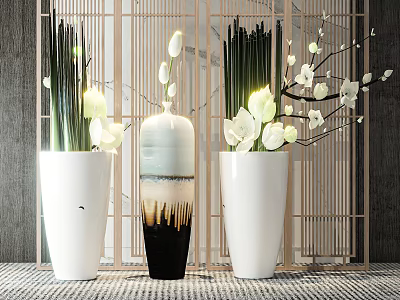 Elegant Indoor Potted Plants with White Flower Pots Gradient Vase and Wooden Lattice Screen 3d model