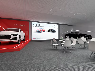 Audi Car Showroom Featuring Q5 e-tron White Vehicle Black Car Display Screen And White Chairs 3d model