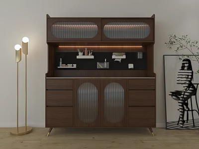 Modern Walnut Sideboard With Double Glass Doors Open Shelves Drawers Floor Lamp And Green Plant Decor 3d model