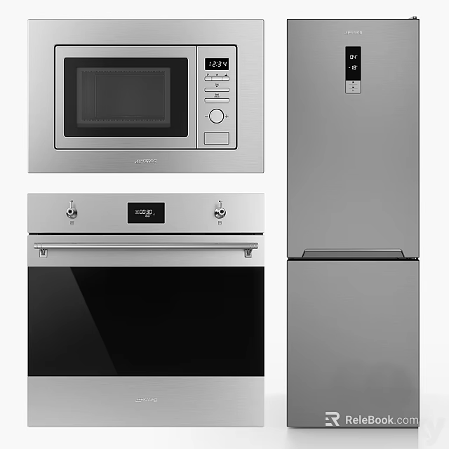 Modern Stainless Steel Kitchen Appliances With Sleek Design Including Microwave Oven And Refrigerator 3d model 