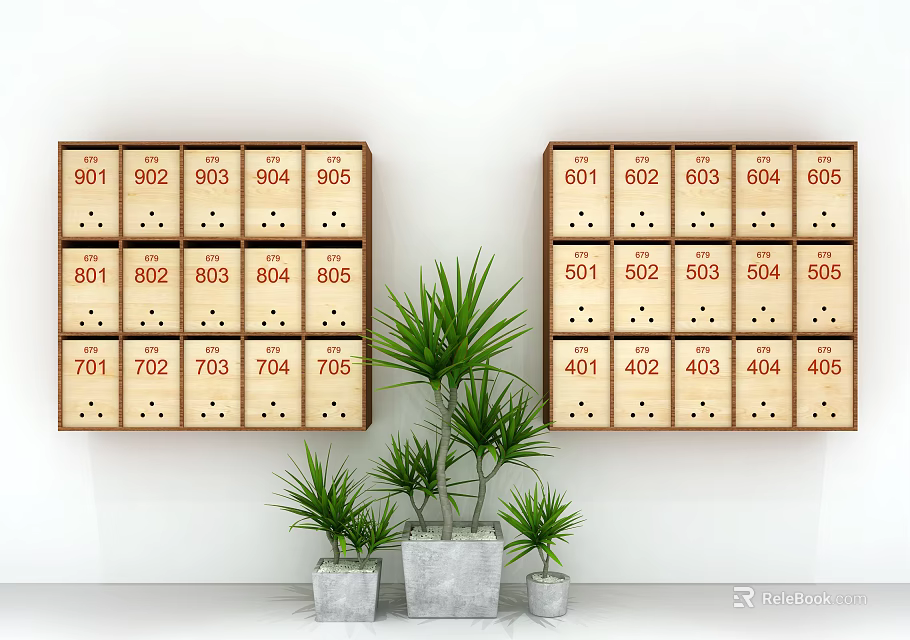 Public Facility Wooden Mailboxes With Numbered Compartments And Green Plants 3d model 