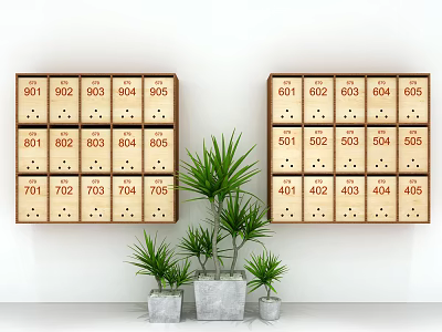 Public Facility Wooden Mailboxes With Numbered Compartments And Green Plants 3d model