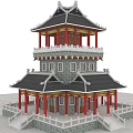 Ancient Architecture Multistory Tower With Overhanging Eaves Red Pillars Gray Walls Black Tiles Stone Railings
