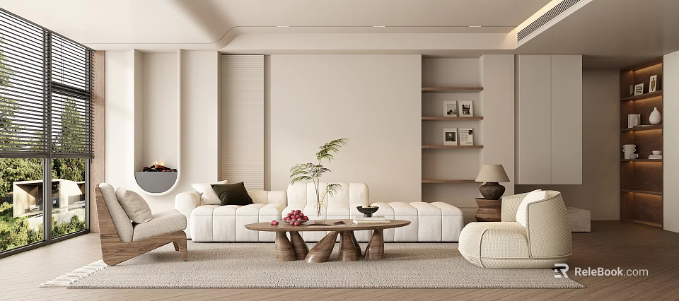 Modern Living Room Interior Design With White Sofa Wooden Coffee Table Bookshelves And Fireplace 3d model 