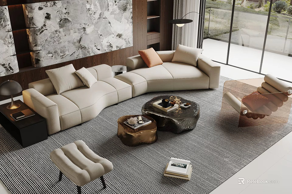 Modern Curved Beige Sofa and Coffee Table Set with Decorative Pillows Rug and Large Windows 3d model 