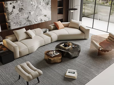 Modern Curved Beige Sofa and Coffee Table Set with Decorative Pillows Rug and Large Windows 3d model