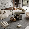 Modern Curved Beige Sofa and Coffee Table Set with Decorative Pillows Rug and Large Windows