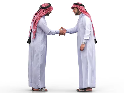 Two Middle Eastern Men Shaking Hands In Traditional White Thobes And Red Keffiyehs 3d model