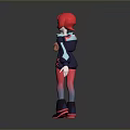 3D Woman Character With Red Short Hair Dark Blue Top Red Pants And Black Boots