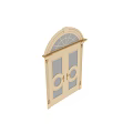 Elegant White Double Entry Door With Glass Panels Decorative Brass Handles And Arched Top Fanlight