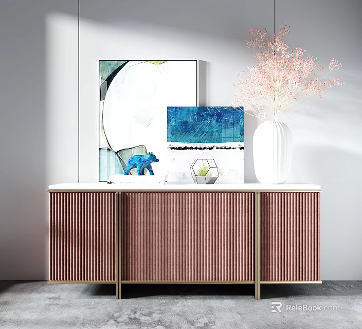 Modern TV Stand With Vertical Striped Design Gold Metal Legs White Vase And Decorative Paintings 3d model 
