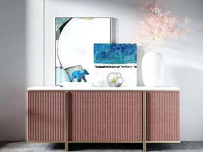 Modern TV Stand With Vertical Striped Design Gold Metal Legs White Vase And Decorative Paintings 3d model