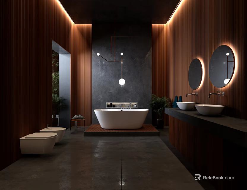 Modern Bathroom With Wooden Walls Dark Accent Wall Freestanding Bathtub And Double Vanity 3d model 