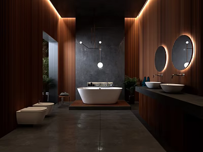 Modern Bathroom With Wooden Walls Dark Accent Wall Freestanding Bathtub And Double Vanity 3d model