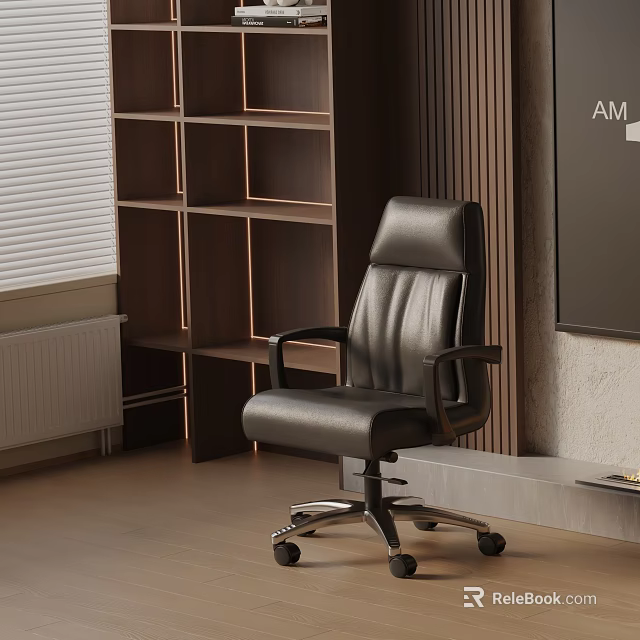 Black Leather Office Chair With Ergonomic Design Armrests And Metal Base Casters 3d model 