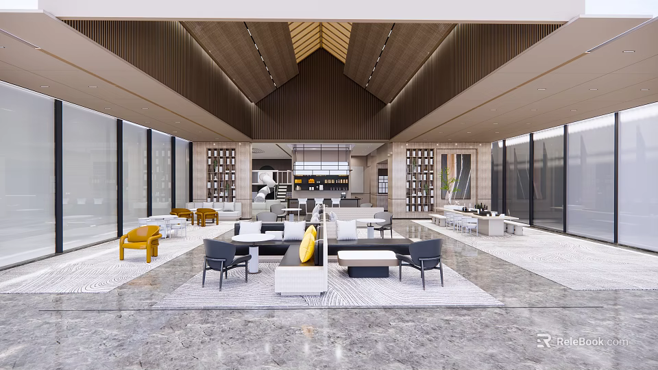 Modern Hotel Lobby Interior With Wooden Ceiling Large Windows Sofa Area And Bookshelves 3d model 