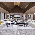 Modern Hotel Lobby Interior With Wooden Ceiling Large Windows Sofa Area And Bookshelves