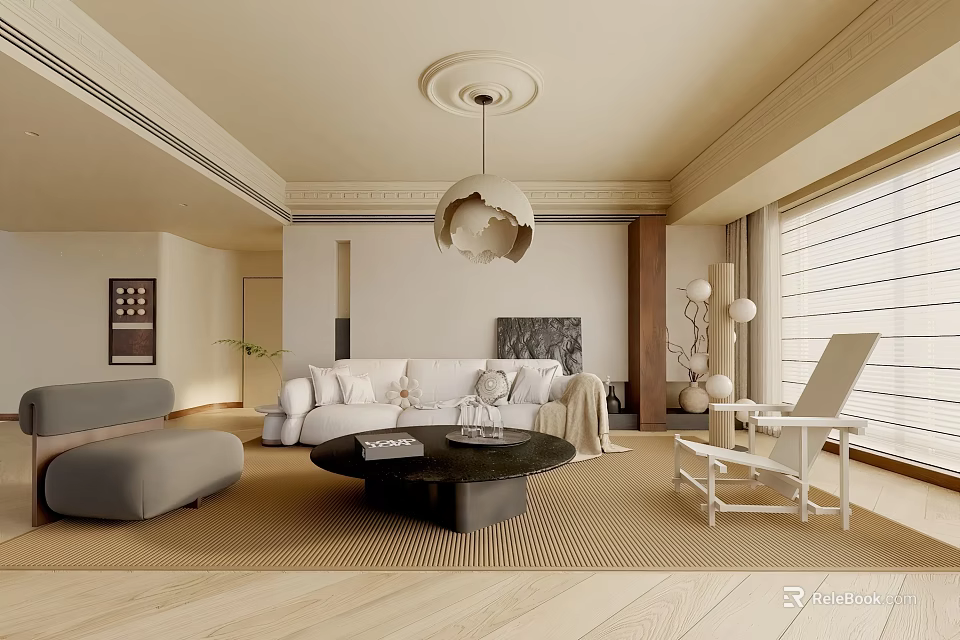 Modern Living Room Interior With White Sofa Black Round Coffee Table And Unique Pendant Light 3d model 