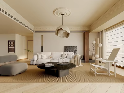 Modern Living Room Interior With White Sofa Black Round Coffee Table And Unique Pendant Light 3d model