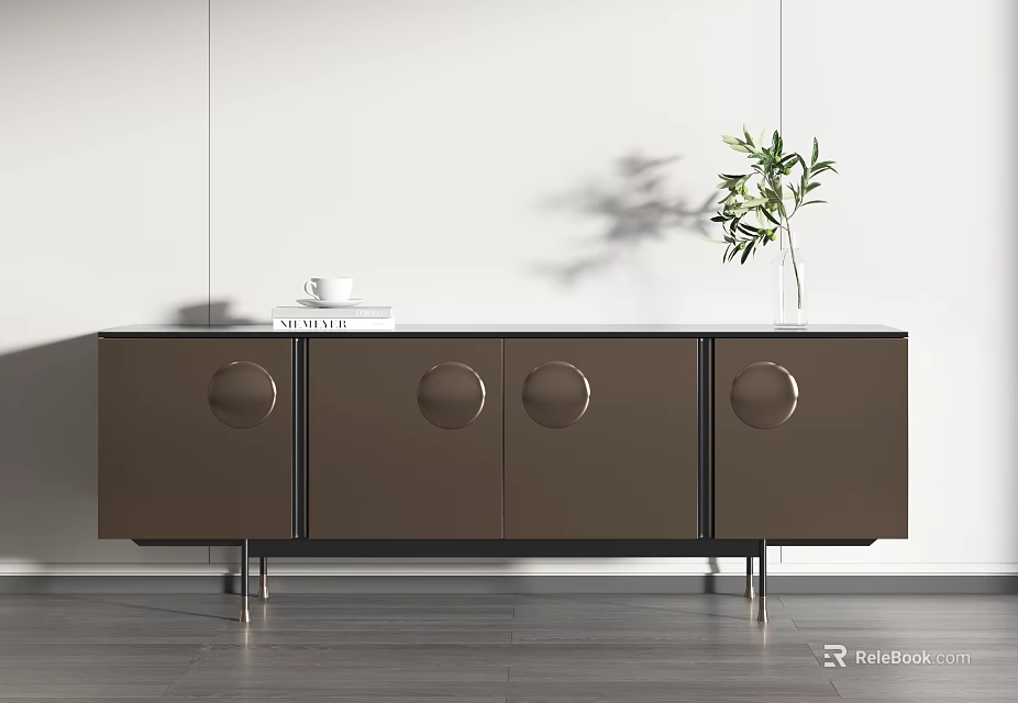 Modern Brown TV Stand with Circular Knobs Metal Legs and Potted Plant on Wooden Floor 3d model 