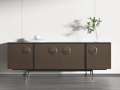 Modern Brown TV Stand with Circular Knobs Metal Legs and Potted Plant on Wooden Floor 3d model