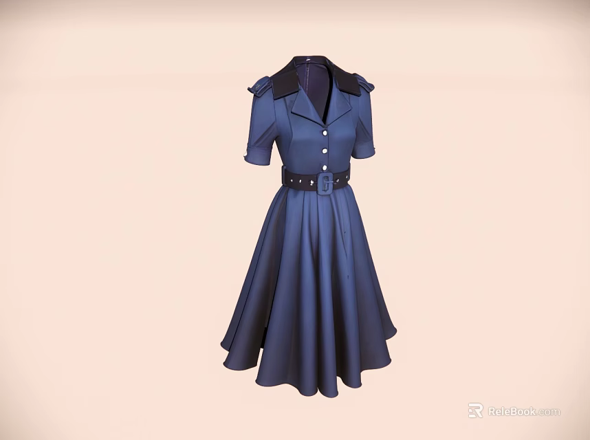 Elegant Blue Dress With Short Sleeves Black Collar Black Belt And A line Skirt 3d model 