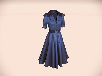 Elegant Blue Dress With Short Sleeves Black Collar Black Belt And A line Skirt 3d model