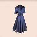 Elegant Blue Dress With Short Sleeves Black Collar Black Belt And A line Skirt